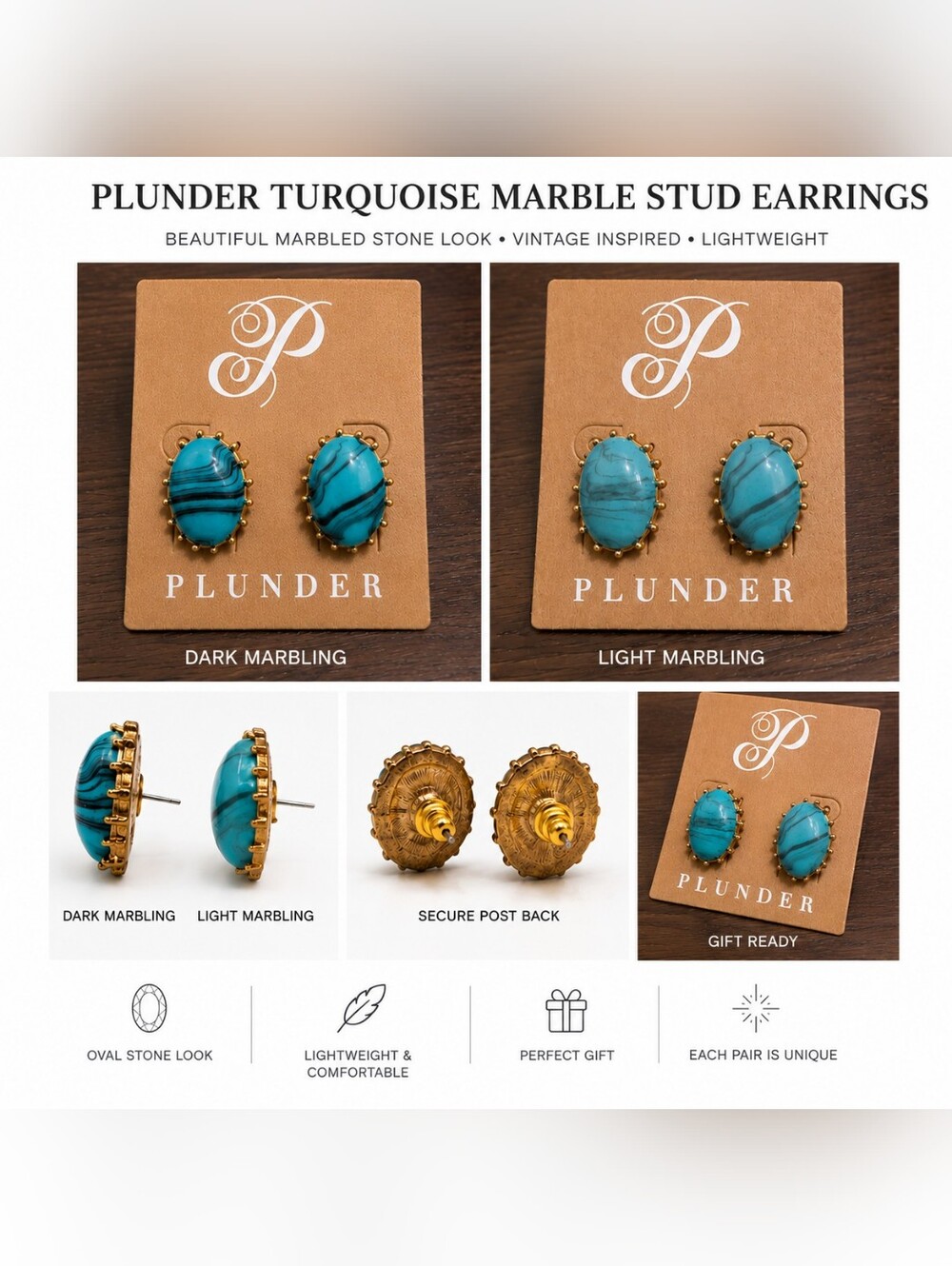 Plunder Turquoise-Inspired Marble Stud Earrings - Gold Tone Trim